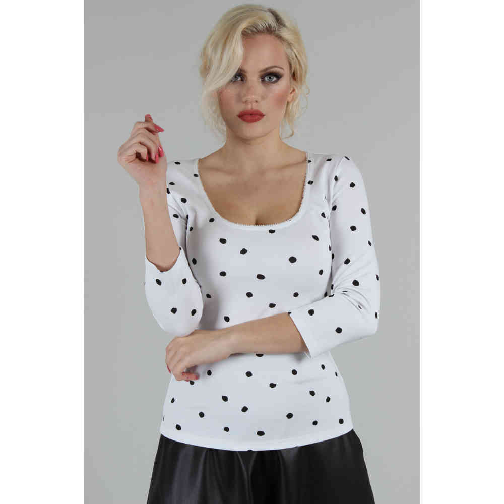 Voodoo Vixen - De Vil Mono Polka Dot Top - Weiß